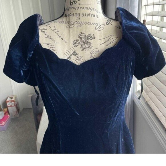 Williams Dark Blue Lined Velvet Maxi Dress with Slit Plunging Scallop Neckline S - Picture 14 of 16